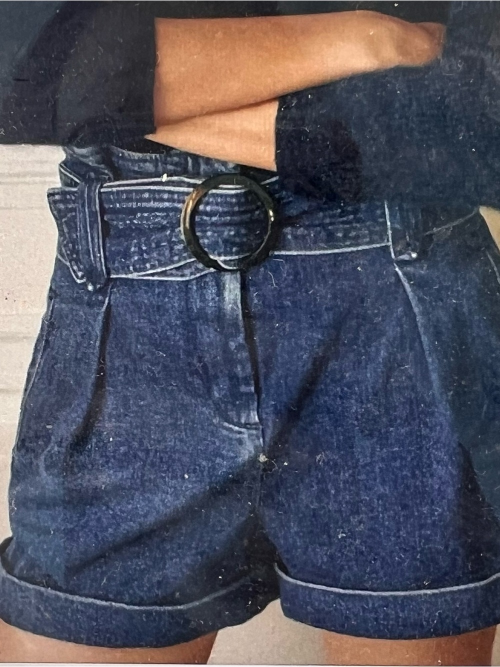 High-Waist Dark Blue Denim Paperbag Shorts with Belt